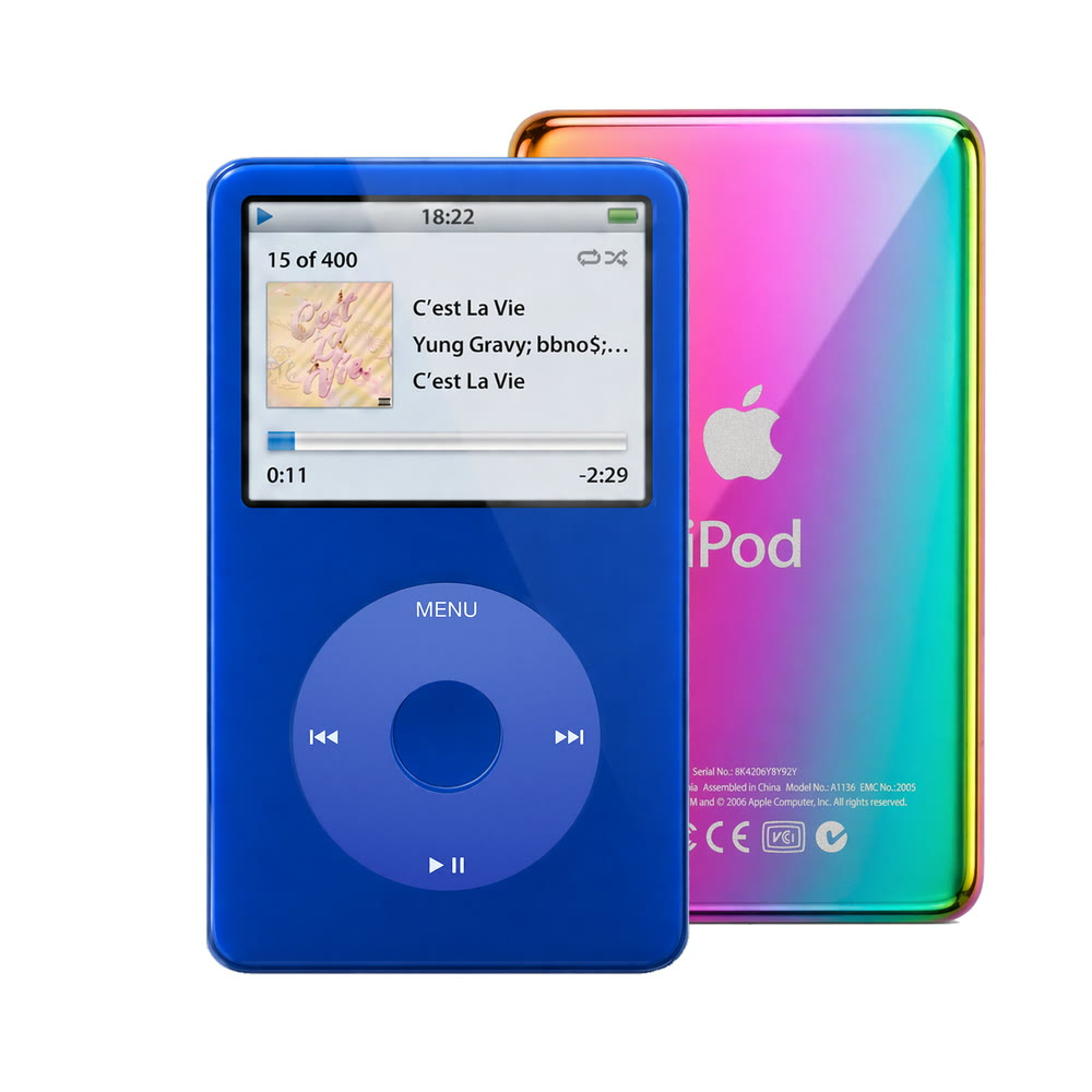 Blue refurbished iPod Video 5.5 Gen with Blue click wheel and Rainbow back plate