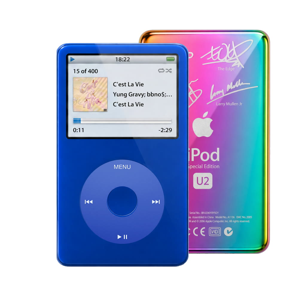 Blue refurbished iPod Video 5.5 Gen with Blue click wheel and Rainbow U2 back plate