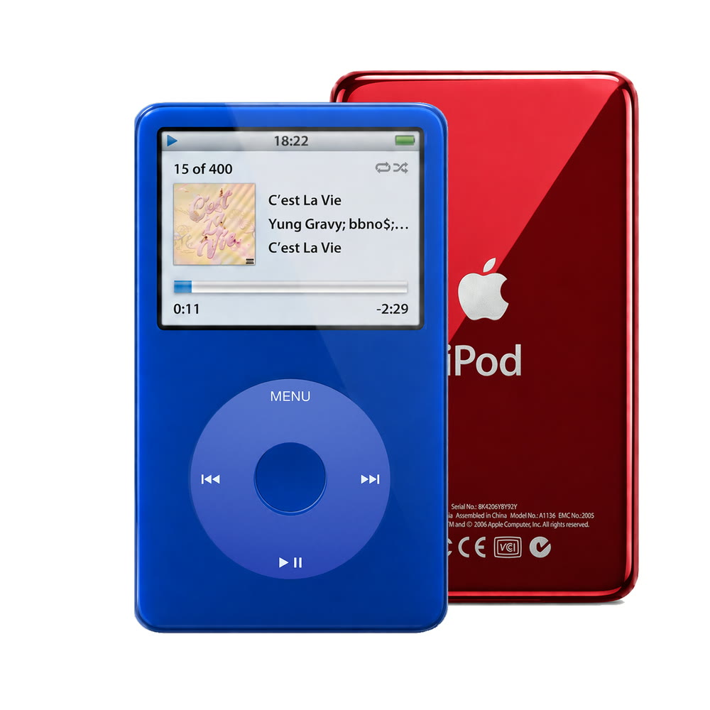 Blue refurbished iPod Video 5.5 Gen with Blue click wheel and Red back plate