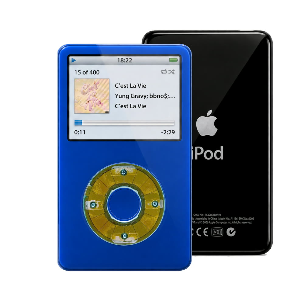 Blue refurbished iPod Video 5.5 Gen with Clear Blue click wheel and Black back plate