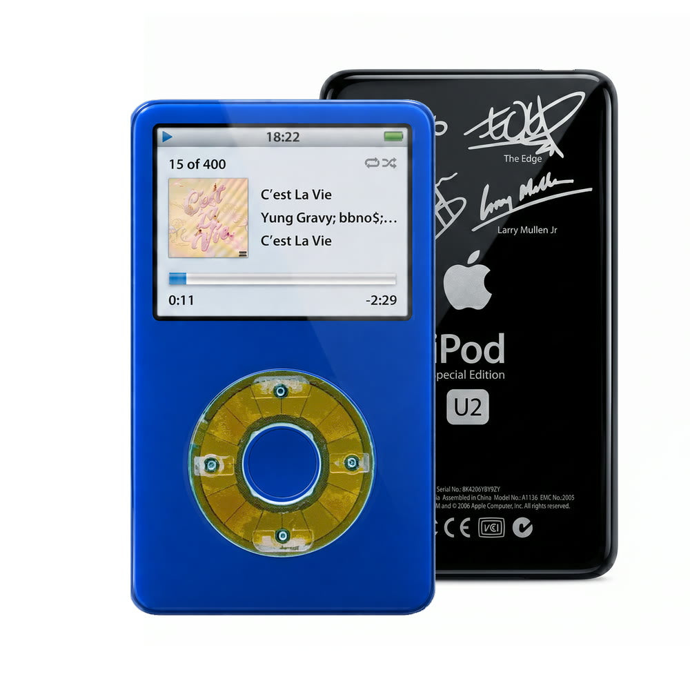 Blue refurbished iPod Video 5.5 Gen with Clear Blue click wheel and Black U2 back plate