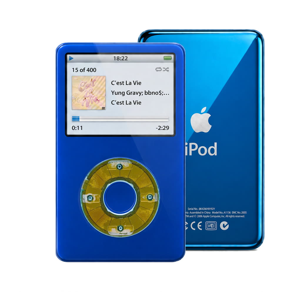 Blue refurbished iPod Video 5.5 Gen with Clear Blue click wheel and Blue back plate