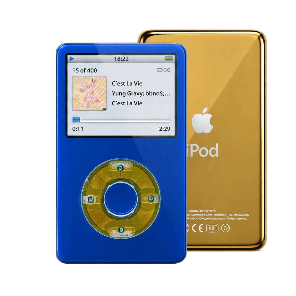 Blue refurbished iPod Video 5.5 Gen with Clear Blue click wheel and Gold back plate