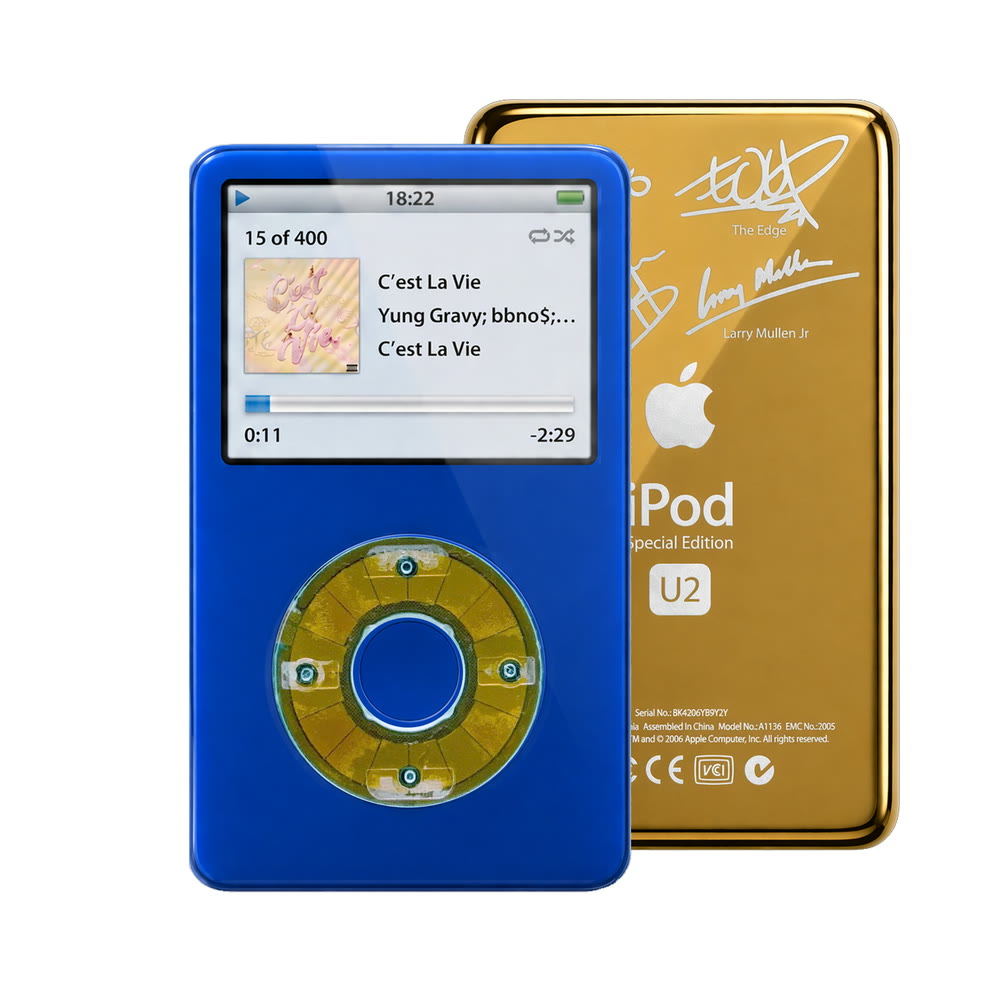 Blue refurbished iPod Video 5.5 Gen with Clear Blue click wheel and Gold U2 back plate