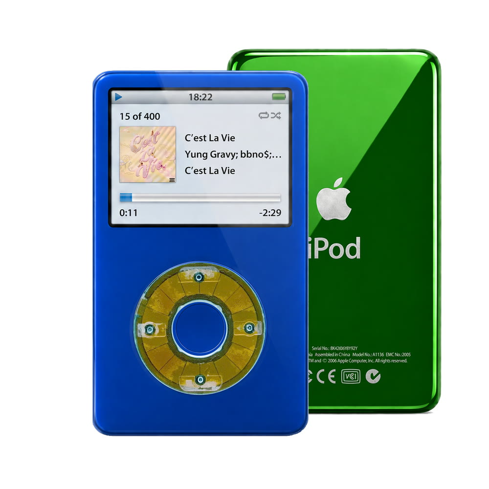 Blue refurbished iPod Video 5.5 Gen with Clear Blue click wheel and Green back plate