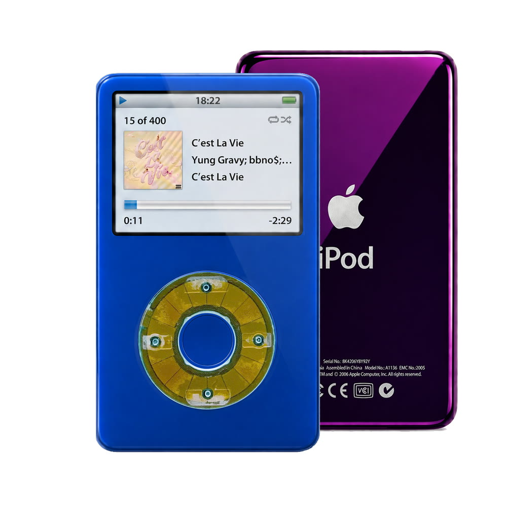 Blue refurbished iPod Video 5.5 Gen with Clear Blue click wheel and Purple back plate
