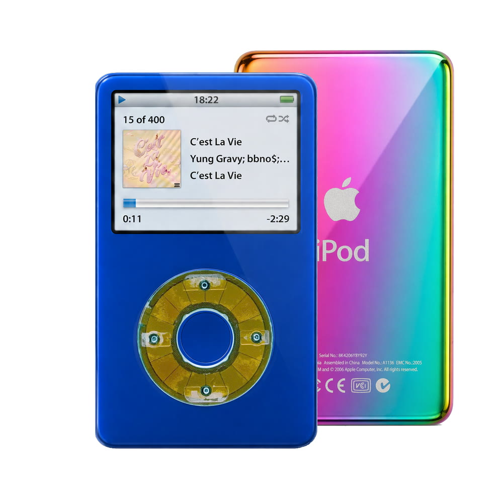 Blue refurbished iPod Video 5.5 Gen with Clear Blue click wheel and Rainbow back plate
