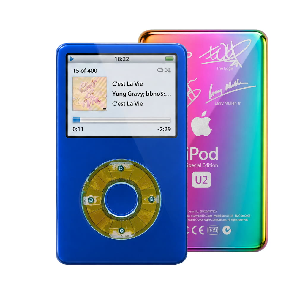 Blue refurbished iPod Video 5.5 Gen with Clear Blue click wheel and Rainbow U2 back plate