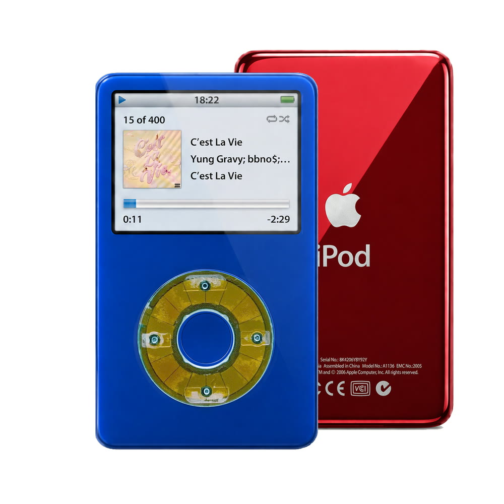 Blue refurbished iPod Video 5.5 Gen with Clear Blue click wheel and Red back plate