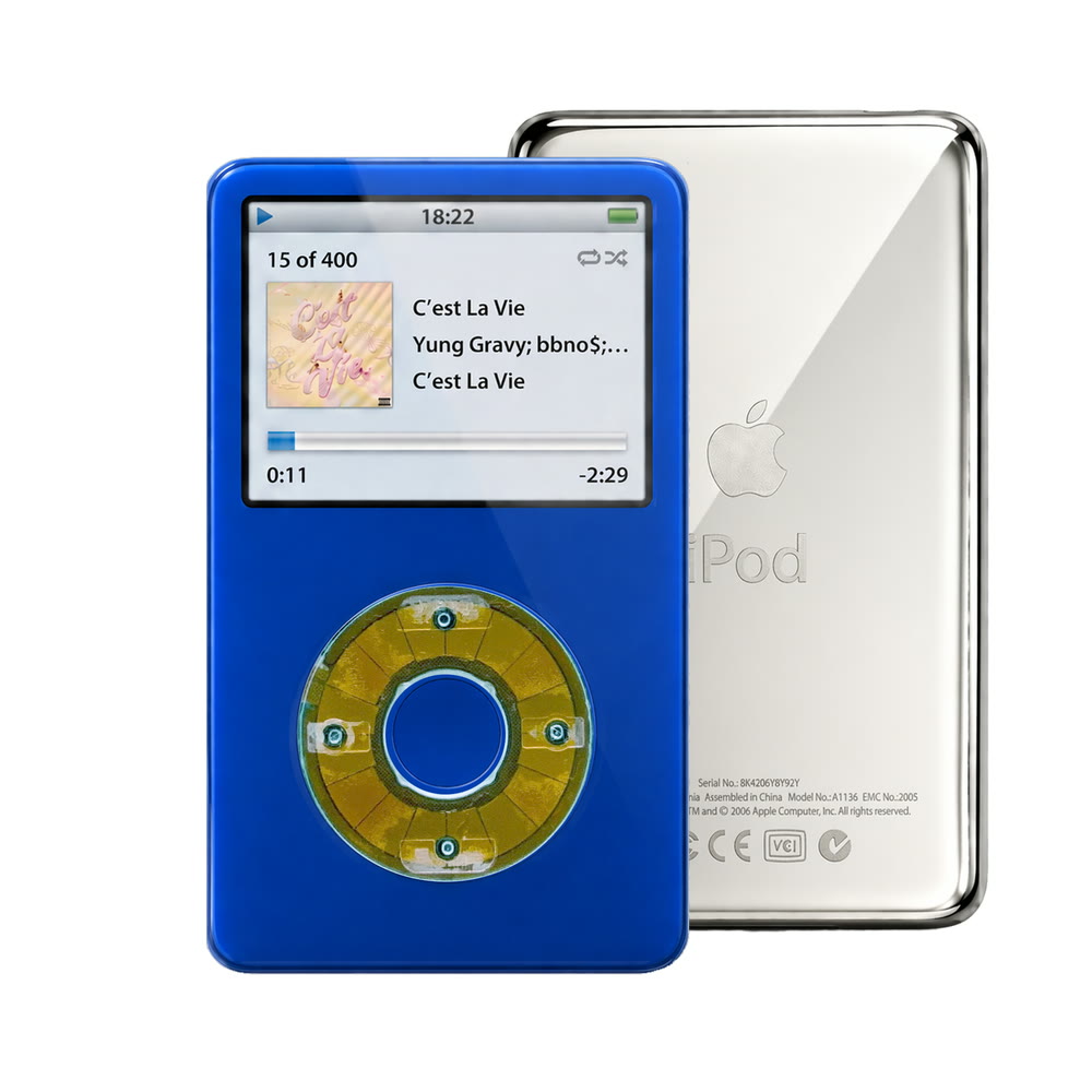 Blue refurbished iPod Video 5.5 Gen with Clear Blue click wheel and Silver back plate