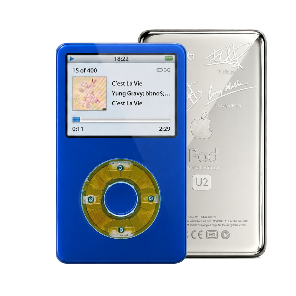 Blue refurbished iPod Video 5.5 Gen with Clear Blue click wheel and Silver U2 back plate
