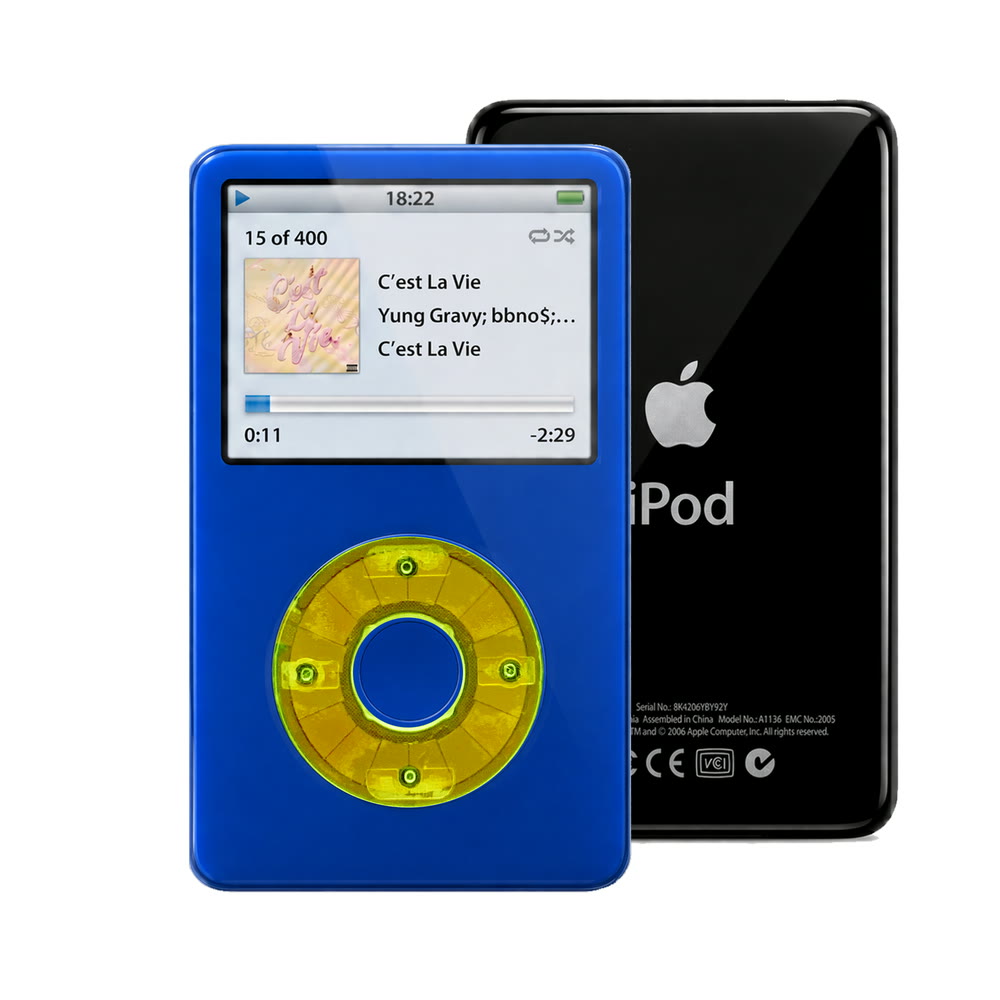 Blue refurbished iPod Video 5.5 Gen with Clear Green click wheel and Black back plate