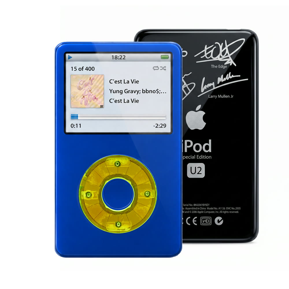 Blue refurbished iPod Video 5.5 Gen with Clear Green click wheel and Black U2 back plate