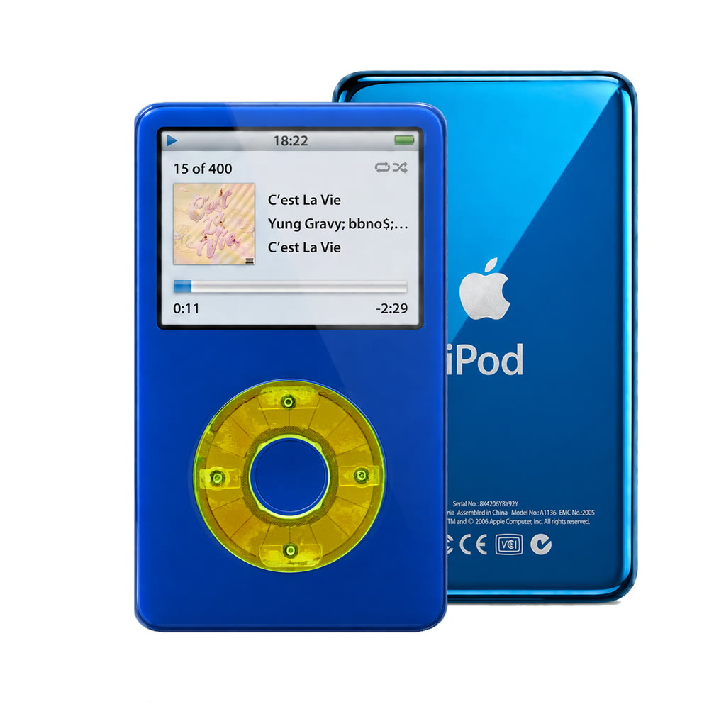 Blue refurbished iPod Video 5.5 Gen with Clear Green click wheel and Blue back plate