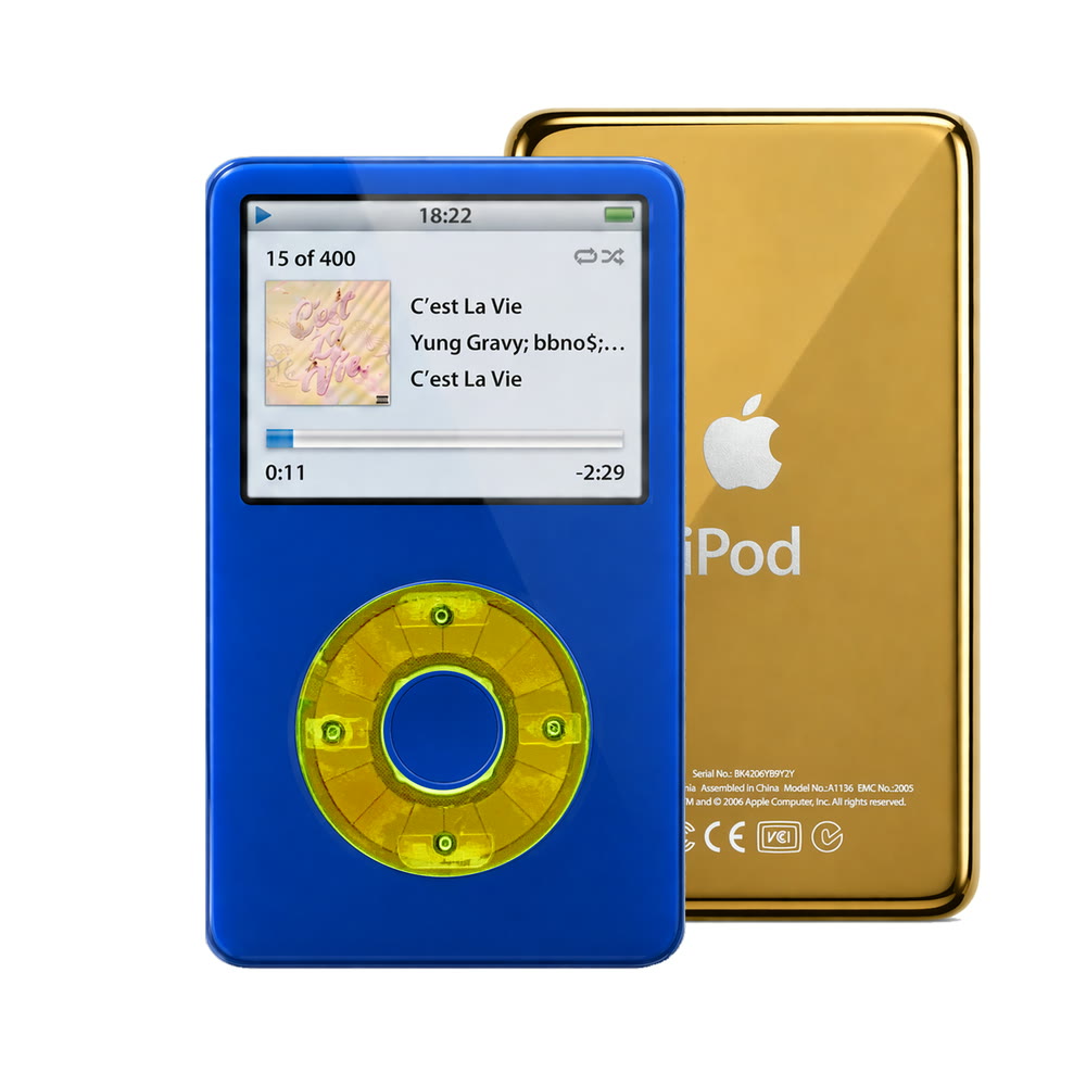 Blue refurbished iPod Video 5.5 Gen with Clear Green click wheel and Gold back plate