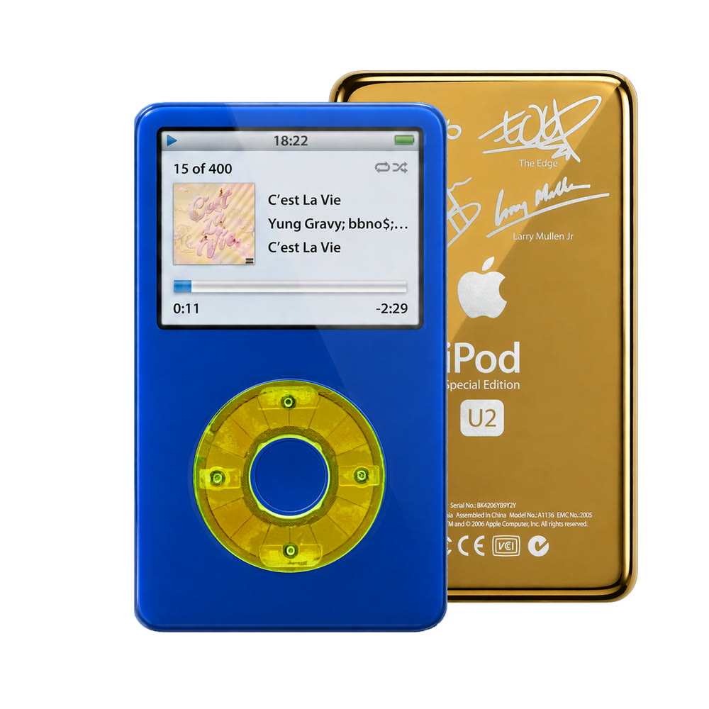 Blue refurbished iPod Video 5.5 Gen with Clear Green click wheel and Gold U2 back plate