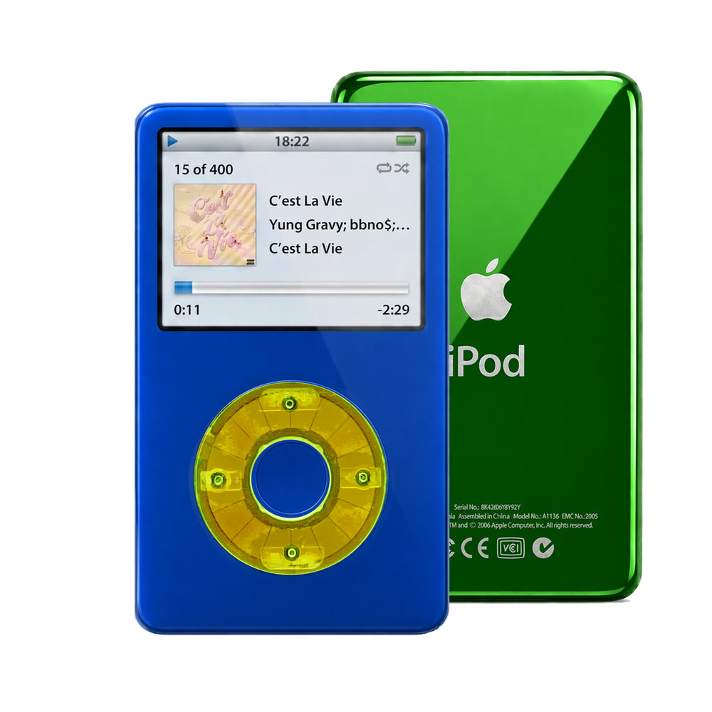 Blue refurbished iPod Video 5.5 Gen with Clear Green click wheel and Green back plate