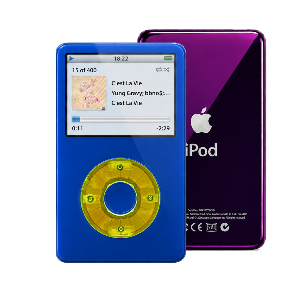 Blue refurbished iPod Video 5.5 Gen with Clear Green click wheel and Purple back plate