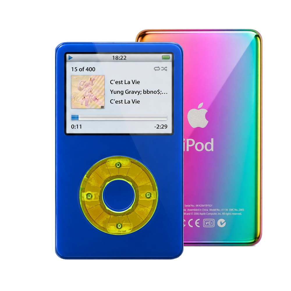 Blue refurbished iPod Video 5.5 Gen with Clear Green click wheel and Rainbow back plate
