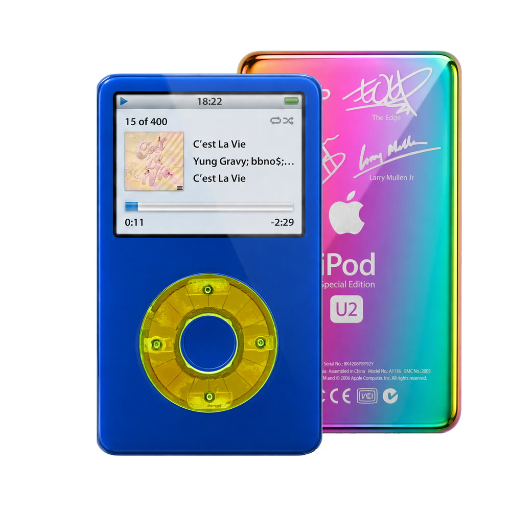 Blue refurbished iPod Video 5.5 Gen with Clear Green click wheel and Rainbow U2 back plate