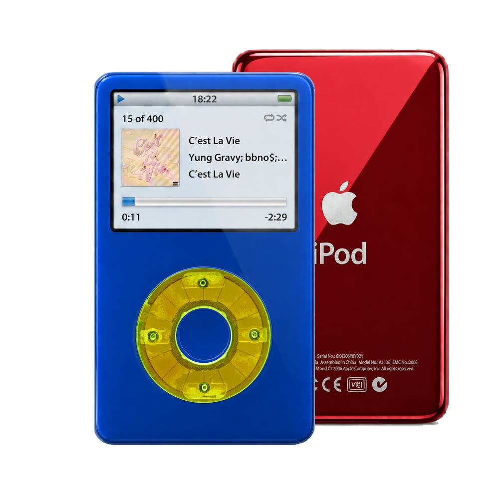 Blue refurbished iPod Video 5.5 Gen with Clear Green click wheel and Red back plate