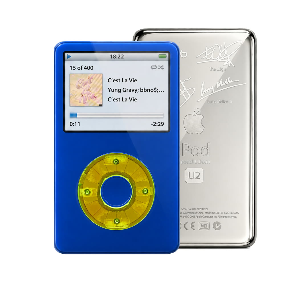 Blue refurbished iPod Video 5.5 Gen with Clear Green click wheel and Silver U2 back plate