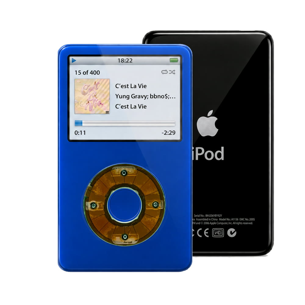 Blue refurbished iPod Video 5.5 Gen with Clear Gray click wheel and Black back plate