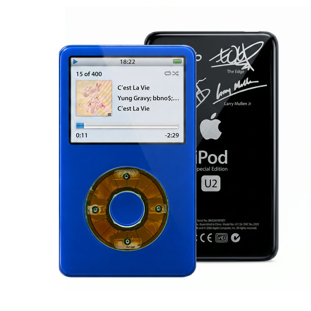 Blue refurbished iPod Video 5.5 Gen with Clear Gray click wheel and Black U2 back plate