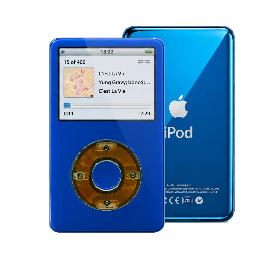 Blue refurbished iPod Video 5.5 Gen with Clear Gray click wheel and Blue back plate