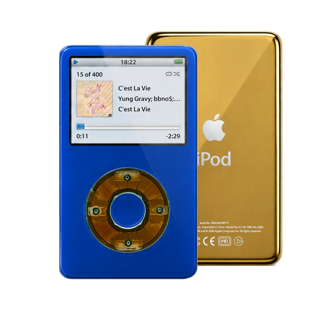 Blue refurbished iPod Video 5.5 Gen with Clear Gray click wheel and Gold back plate