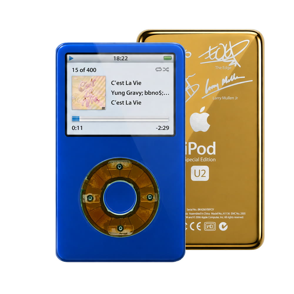 Blue refurbished iPod Video 5.5 Gen with Clear Gray click wheel and Gold U2 back plate