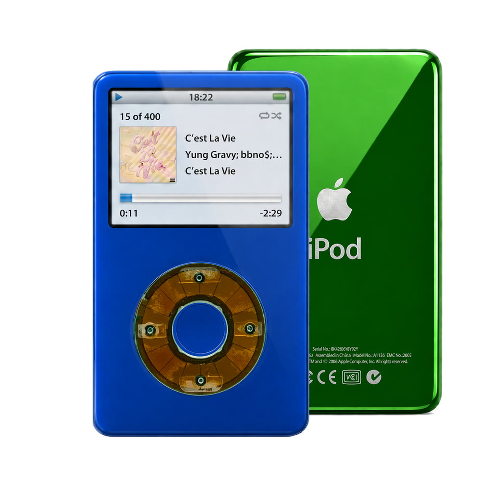 Blue refurbished iPod Video 5.5 Gen with Clear Gray click wheel and Green back plate