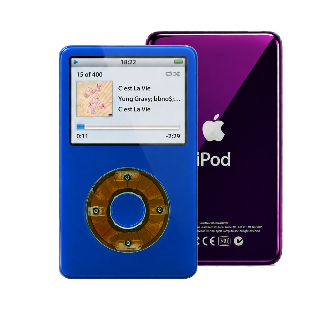 Blue refurbished iPod Video 5.5 Gen with Clear Gray click wheel and Purple back plate