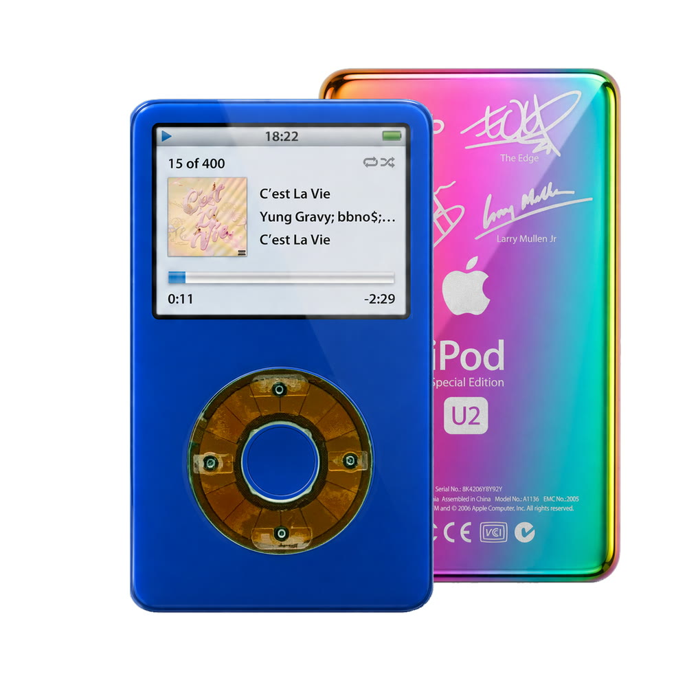 Blue refurbished iPod Video 5.5 Gen with Clear Gray click wheel and Rainbow U2 back plate