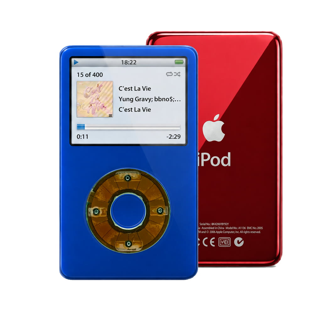 Blue refurbished iPod Video 5.5 Gen with Clear Gray click wheel and Red back plate