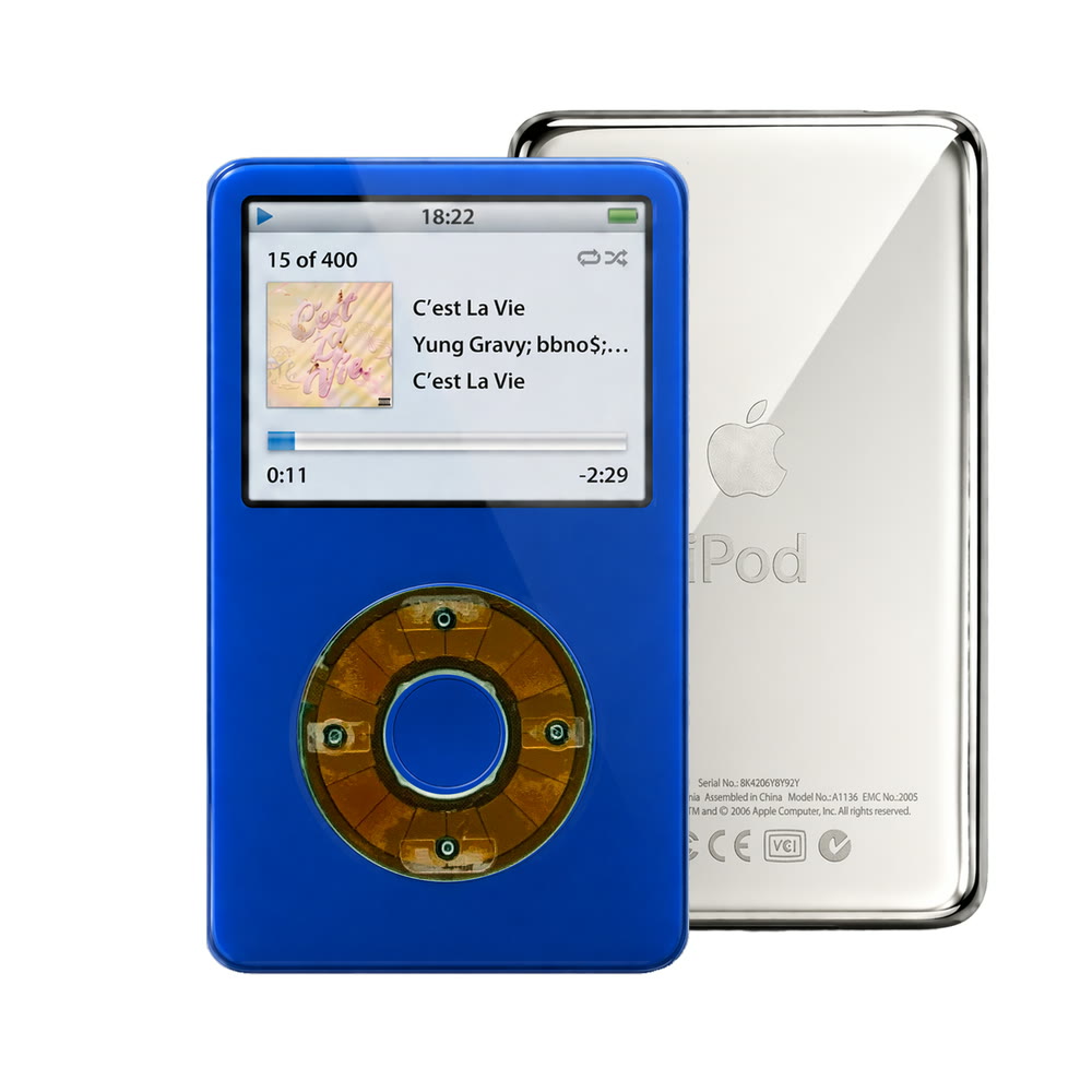 Blue refurbished iPod Video 5.5 Gen with Clear Gray click wheel and Silver back plate
