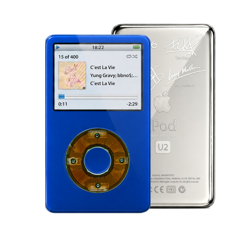Blue refurbished iPod Video 5.5 Gen with Clear Gray click wheel and Silver U2 back plate