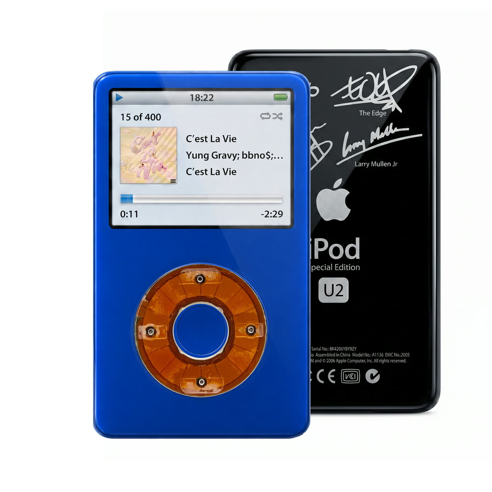 Blue refurbished iPod Video 5.5 Gen with Clear click wheel and Black U2 back plate