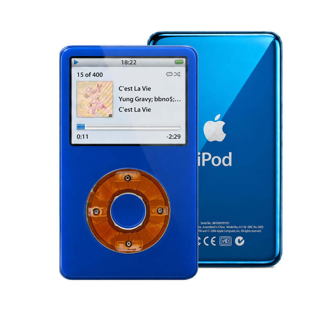 Blue refurbished iPod Video 5.5 Gen with Clear click wheel and Blue back plate