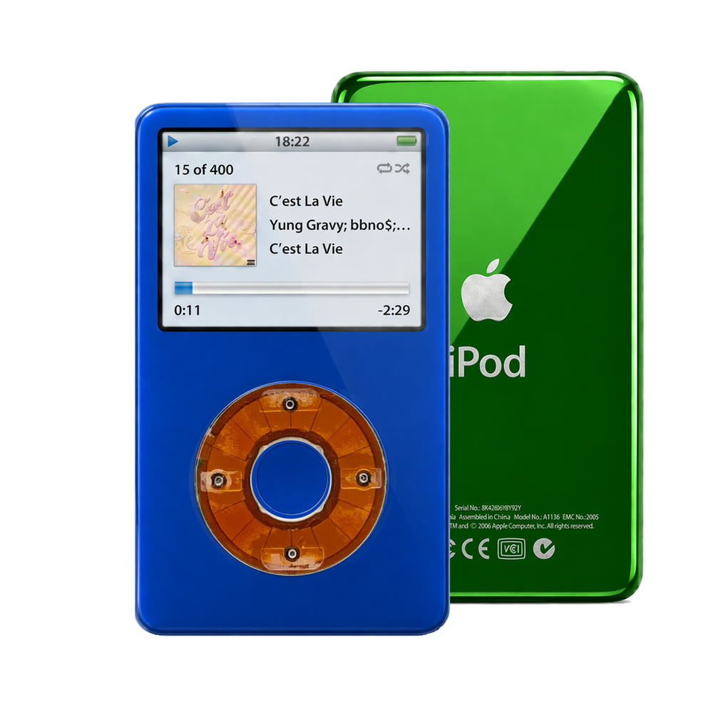 Blue refurbished iPod Video 5.5 Gen with Clear click wheel and Green back plate
