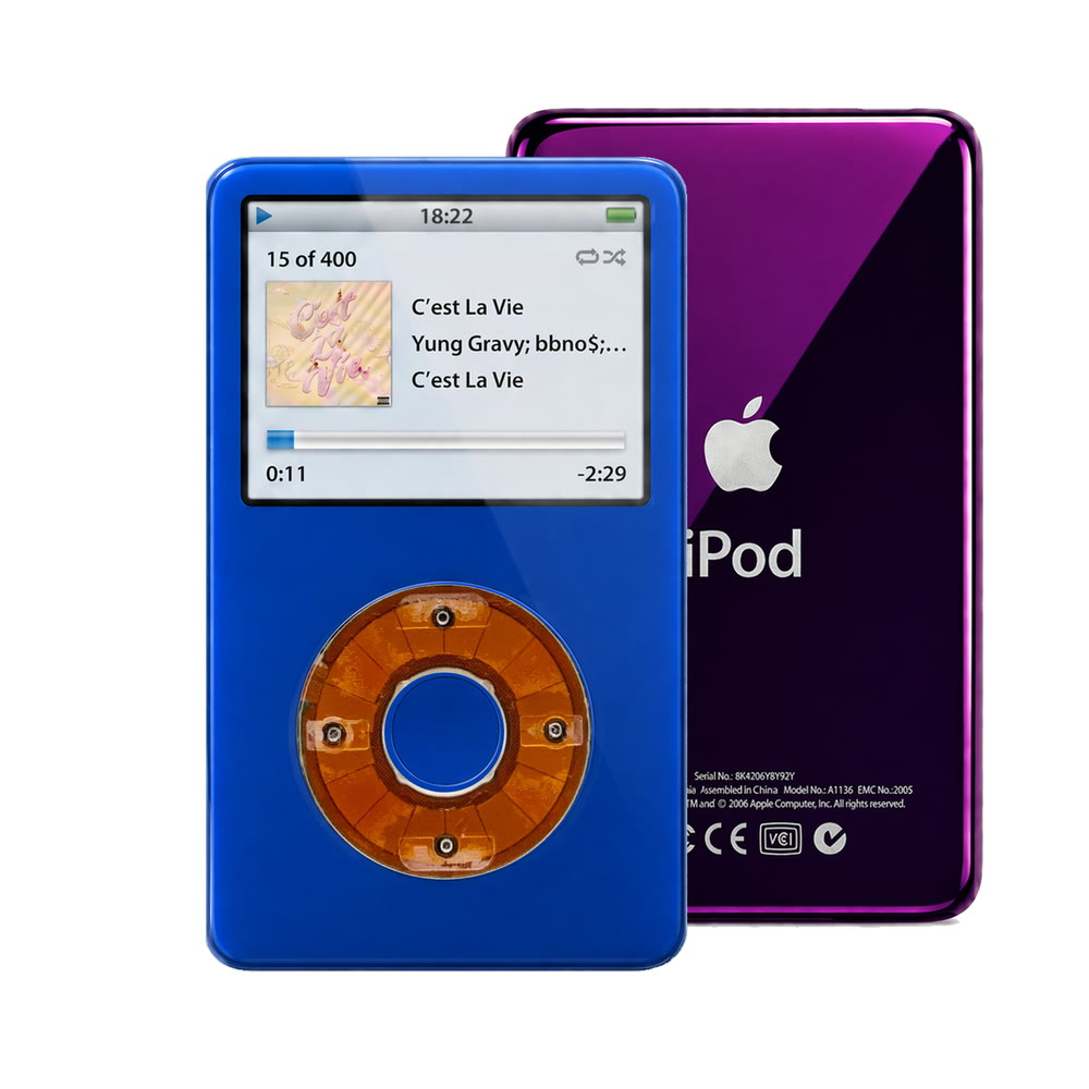 Blue refurbished iPod Video 5.5 Gen with Clear click wheel and Purple back plate