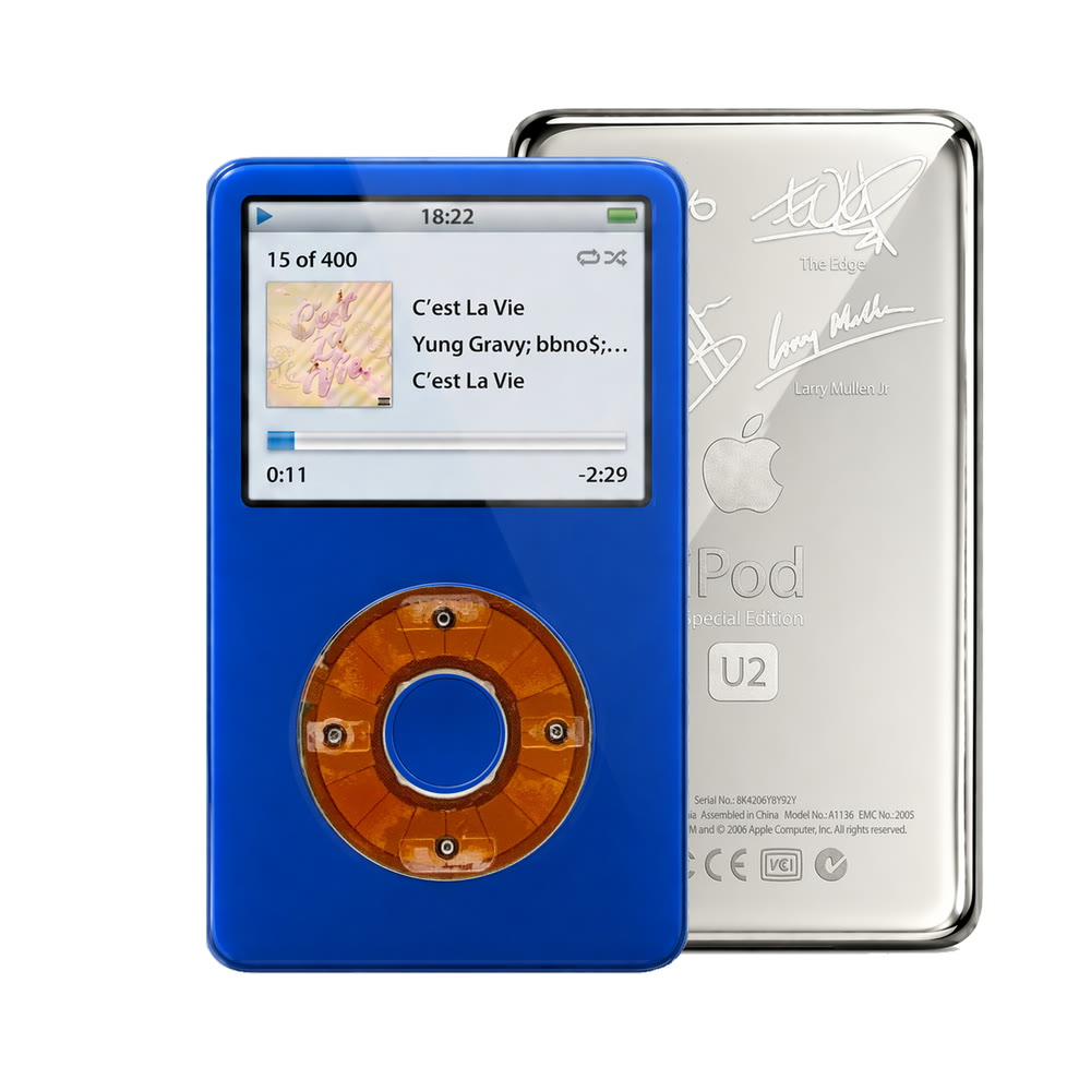 Blue refurbished iPod Video 5.5 Gen with Clear click wheel and Silver U2 back plate