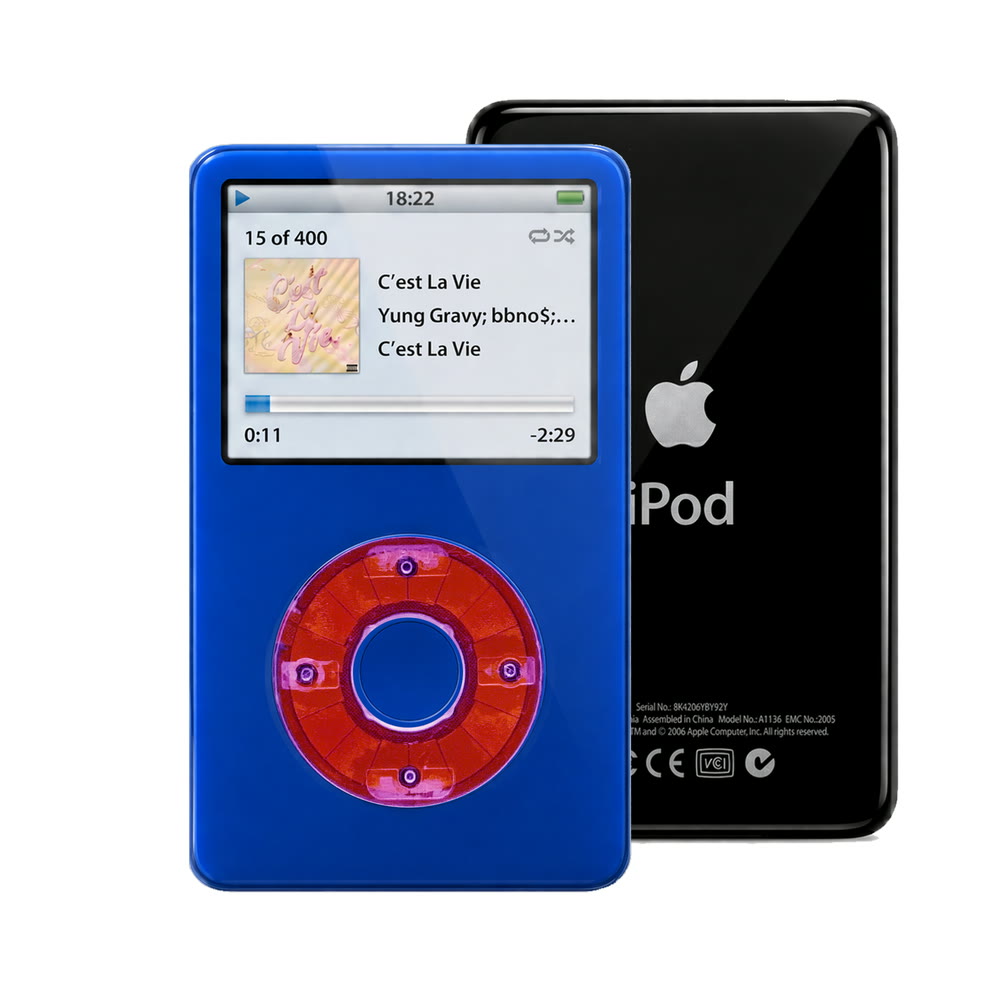 Blue refurbished iPod Video 5.5 Gen with Clear Purple click wheel and Black back plate