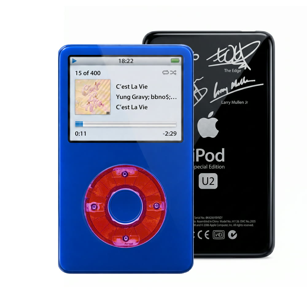 Blue refurbished iPod Video 5.5 Gen with Clear Purple click wheel and Black U2 back plate