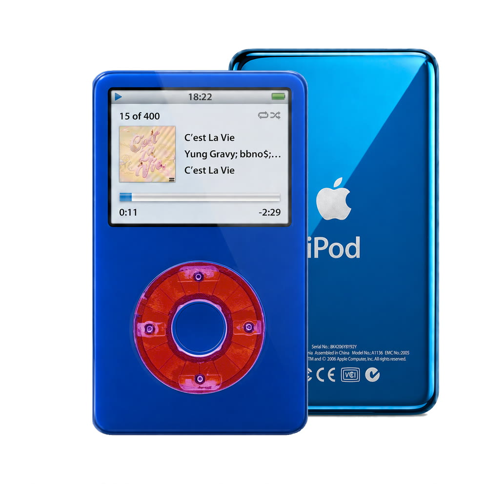 Blue refurbished iPod Video 5.5 Gen with Clear Purple click wheel and Blue back plate