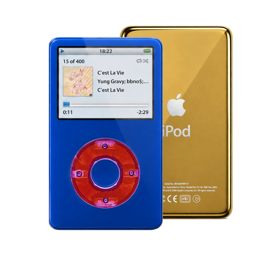 Blue refurbished iPod Video 5.5 Gen with Clear Purple click wheel and Gold back plate