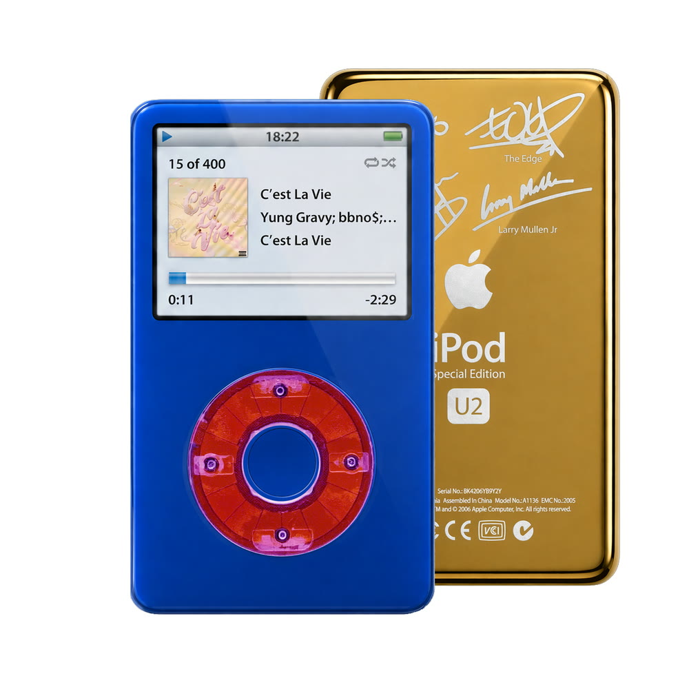 Blue refurbished iPod Video 5.5 Gen with Clear Purple click wheel and Gold U2 back plate