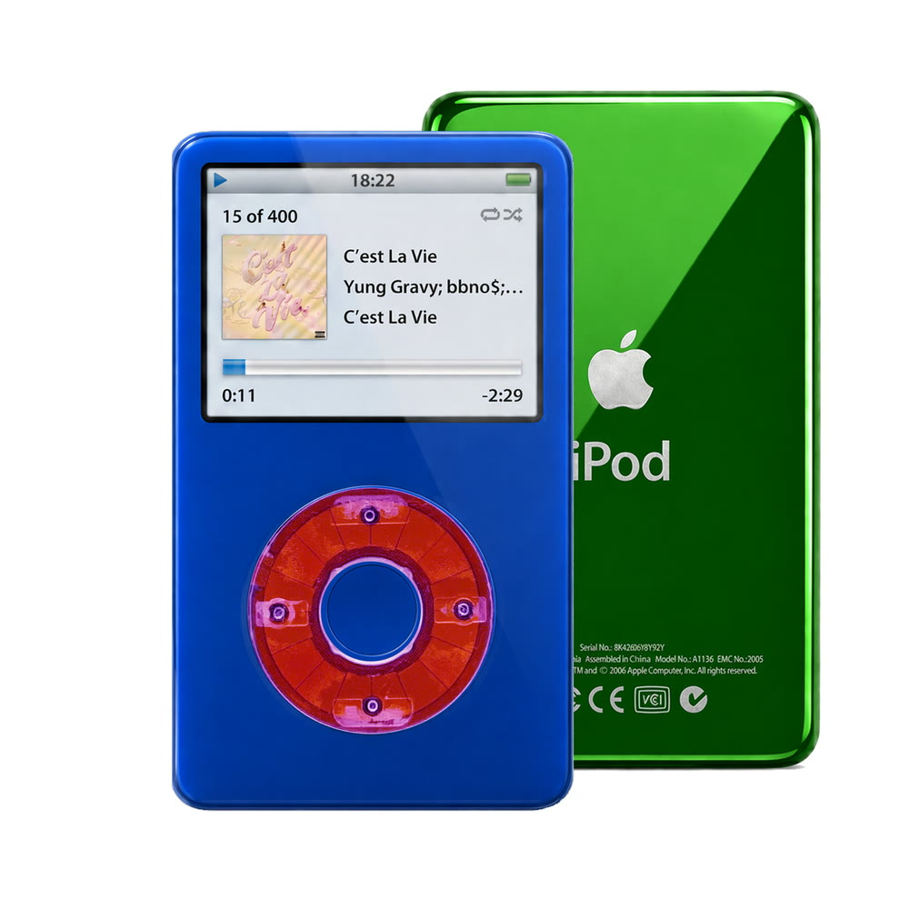 Blue refurbished iPod Video 5.5 Gen with Clear Purple click wheel and Green back plate