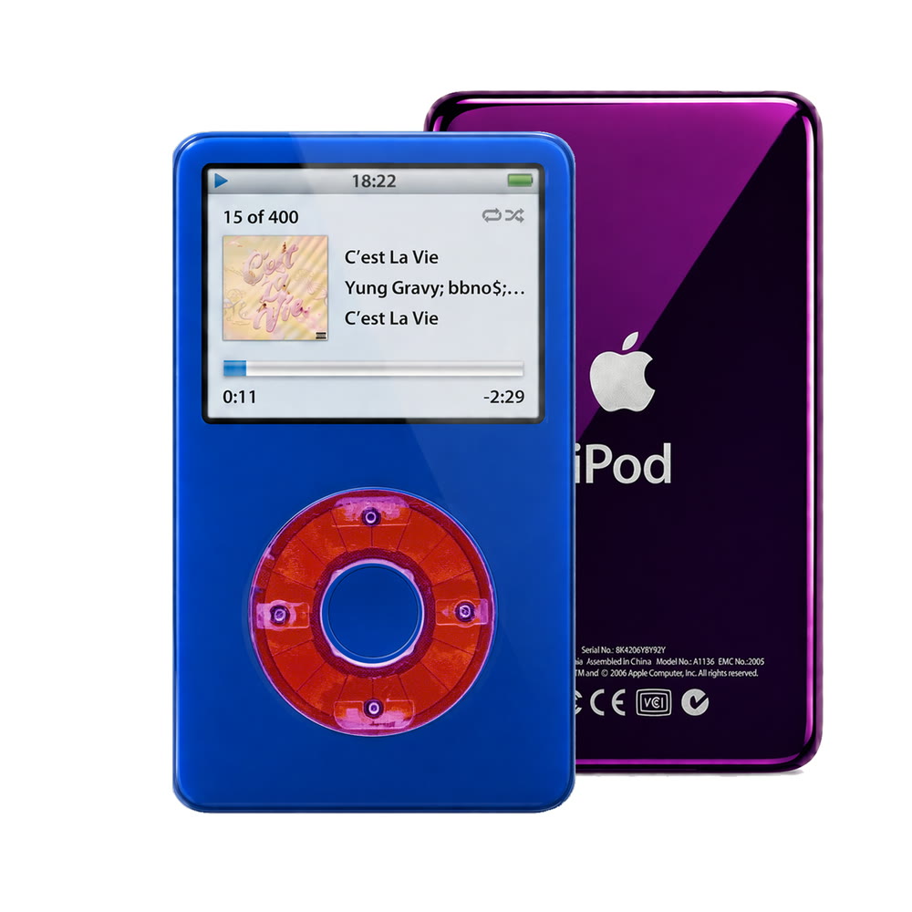 Blue refurbished iPod Video 5.5 Gen with Clear Purple click wheel and Purple back plate