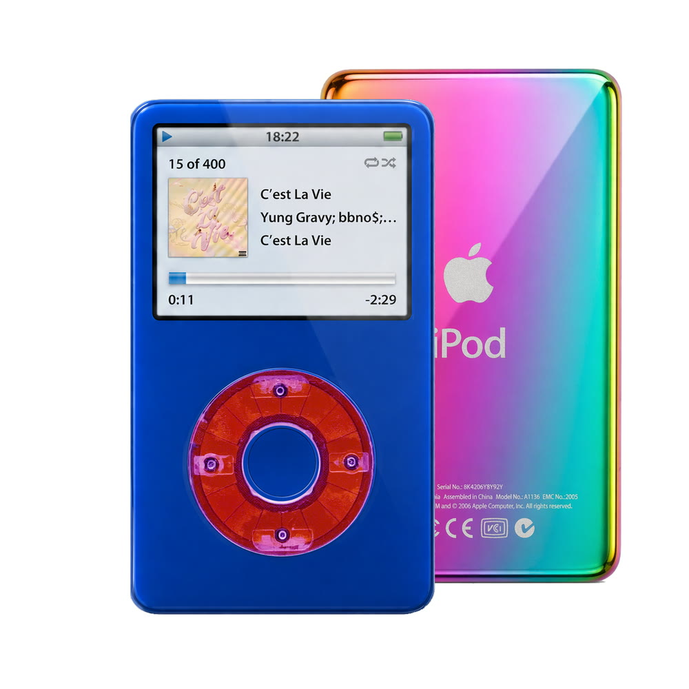 Blue refurbished iPod Video 5.5 Gen with Clear Purple click wheel and Rainbow back plate